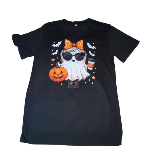 Halloween Ghost Graphic Black T-Shirt Small Pumpkin & Coffee Cup Design - Picture 2 of 5